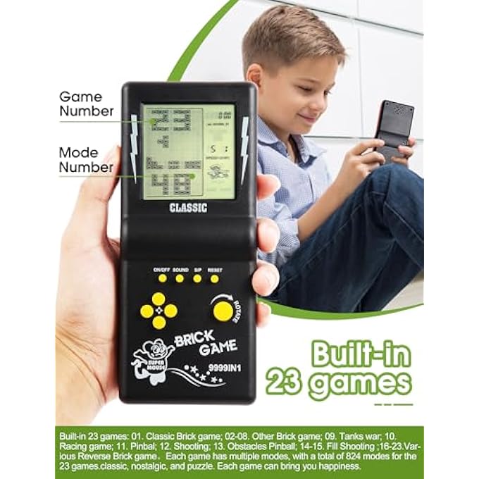 3.5 INCH LARGE SCREEN BRICK GAME CONSOLE BUILDING BLOCK RACING GAME / INTEGRATED TANK GAME 23 CLASSIC GAMES NOSTALGIC PUZZLE (BLACK) - Image 4