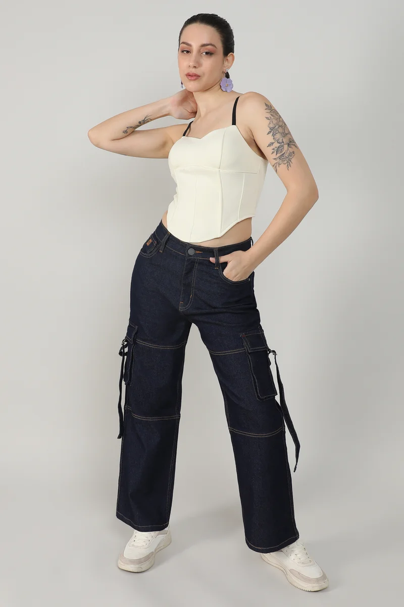 Campus Sutra Women's Dark Blue Straight Fit Cargo Denim Jeans