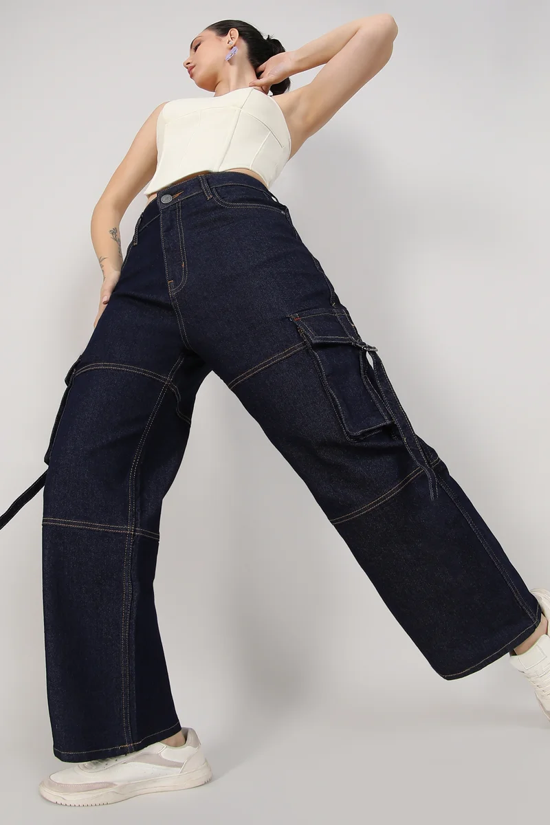 Campus Sutra Women's Dark Blue Straight Fit Cargo Denim Jeans