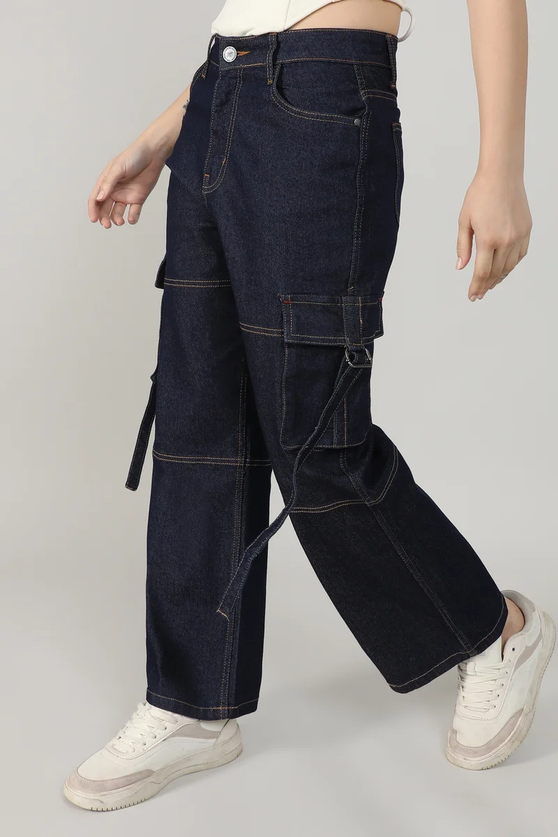 Campus Sutra Women's Dark Blue Straight Fit Cargo Denim Jeans