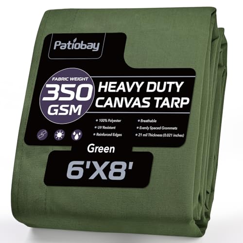 Patiobay Canvas Tarp 6x8 Feet, 12 Oz Heavy Duty Water Resistant with Rustproof Grommets, UV Resistant, Multipurpose Outdoor Tarpaulin for Camping, Canopy, Woodpile, Trailer (Green) - Image 1