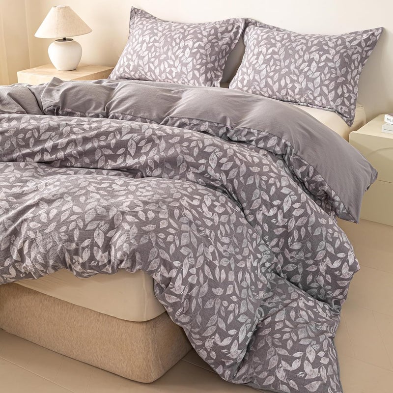 OAITE Grey Fallen Leaves Twin Size Duvet Cover-3 Pieces Prewashed Cotton-Like Polyester Soft Bedding Set, Includes 1 Duvet Cover 68''x90''with Zipper Closure & 2 Pillow Shams, Comforter Not Included - Image 2