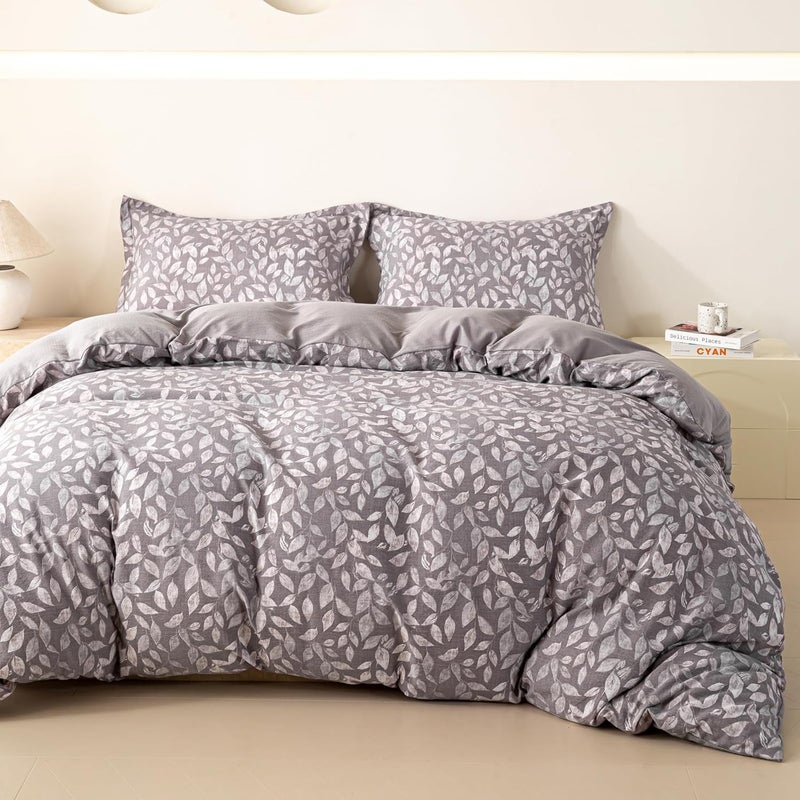 OAITE Grey Fallen Leaves Twin Size Duvet Cover-3 Pieces Prewashed Cotton-Like Polyester Soft Bedding Set, Includes 1 Duvet Cover 68''x90''with Zipper Closure & 2 Pillow Shams, Comforter Not Included - Image 1