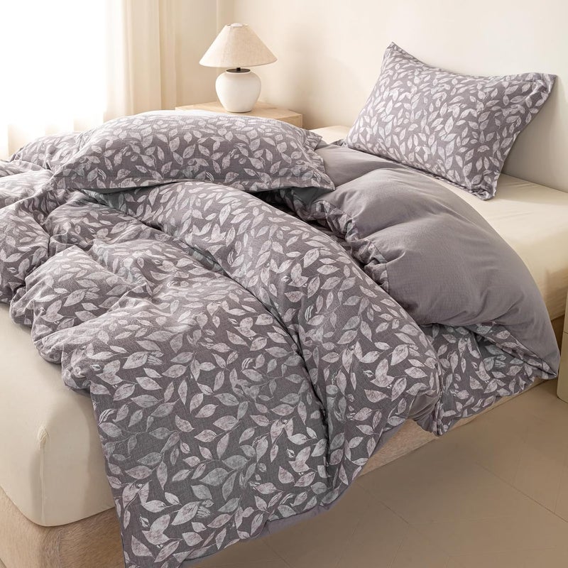 OAITE Grey Fallen Leaves Twin Size Duvet Cover-3 Pieces Prewashed Cotton-Like Polyester Soft Bedding Set, Includes 1 Duvet Cover 68''x90''with Zipper Closure & 2 Pillow Shams, Comforter Not Included - Image 5
