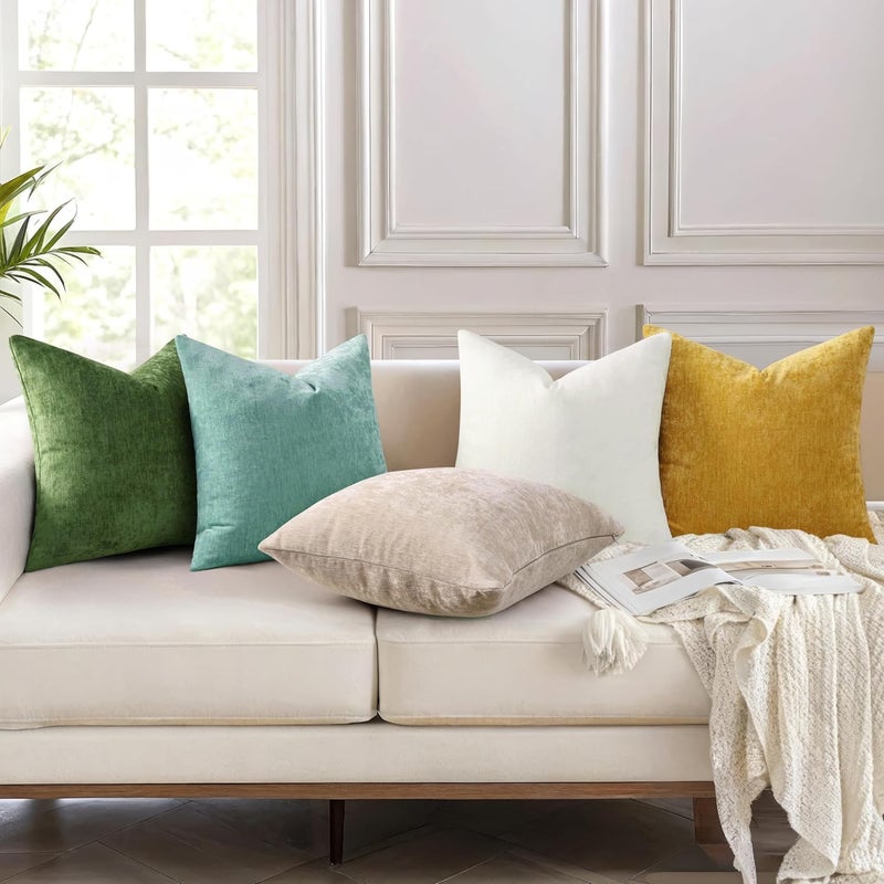 ديكور يو هوم أغطية وسائد زخرفية من ديكور يو هوم، شينيل، لون ضباب مائي، مقاس 24×24 بوصة، مجموعة من 2، أغطية وسائد أريكة ناعمة مزخرفة، مصبوغة بشكل متين، لمسة مزرعة محايدة، أغطية وسائد مربعة للأريكة - Image 4