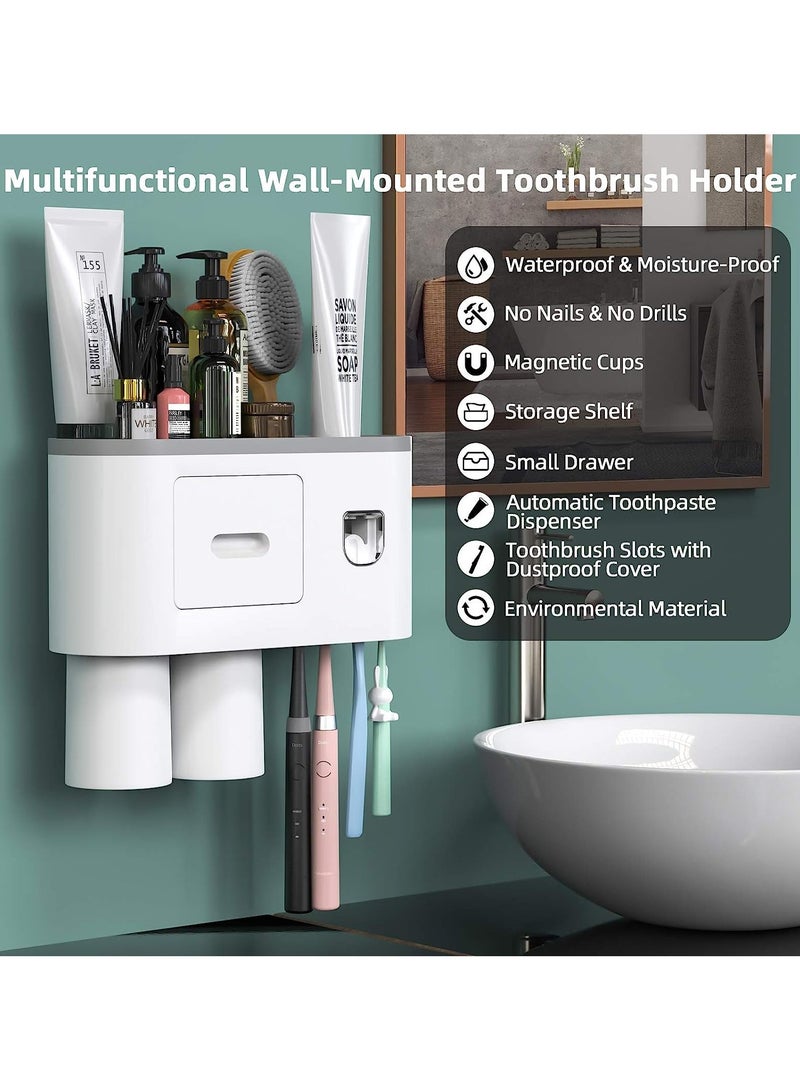 Al Musawwar Toothbrush Holder Wall Mounted 2 Cups, Multifunctional Space-Saving Toothbrush Holder with Drawer for Cosmetics Organizer for Washroom and Bathroom - Image 2