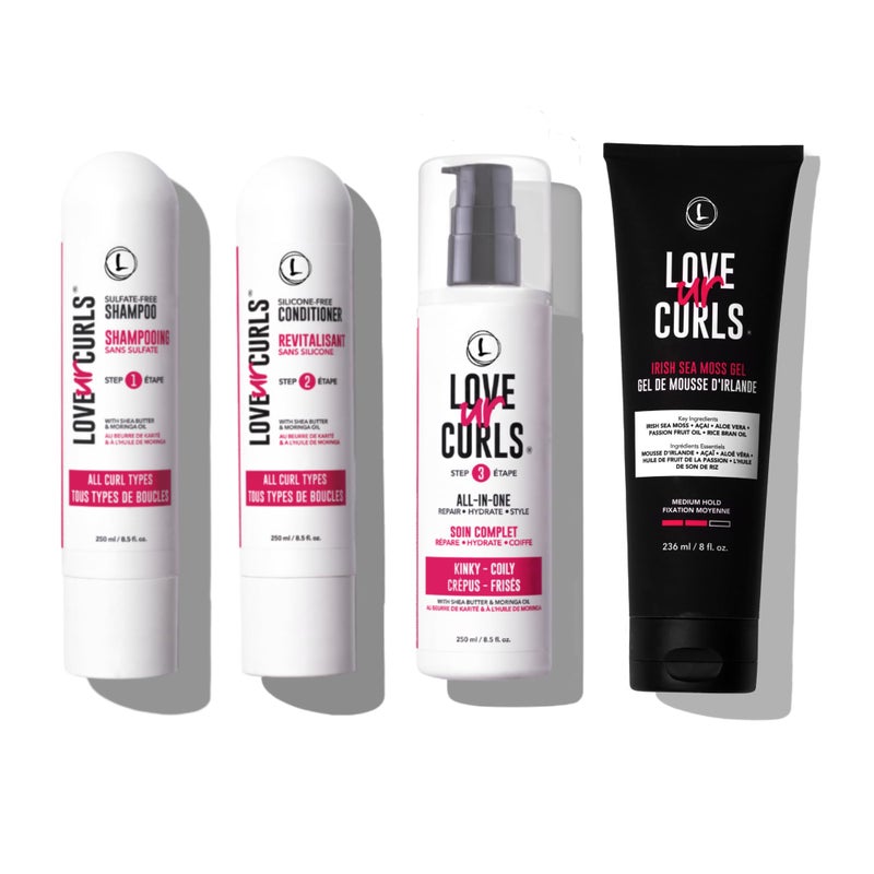 Love Ur Curls  Shampoo Conditioner KinkyCoily All In One Styler to repair define and hydrate hair and Irish Sea Moss Gel for touchable hold