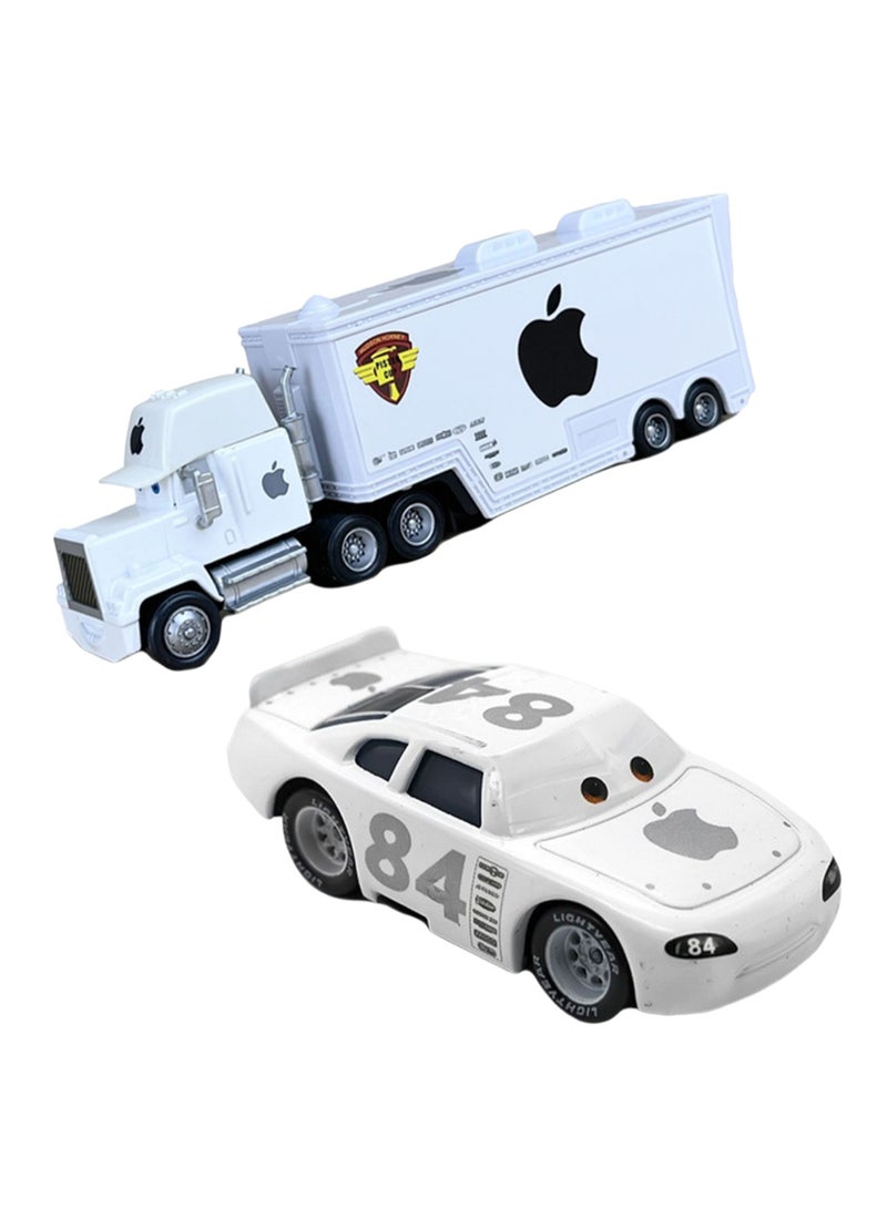 Cars Racing Container Truck Racing Alloy Set Toy Model Children's Gift Desktop Ornaments (No. 84 White Apple Container Truck + No. 84 White Apple Racing Car) - Image 1