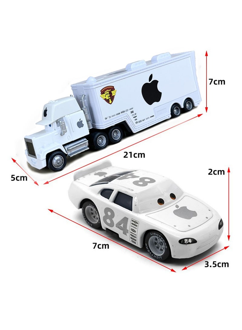 Cars Racing Container Truck Racing Alloy Set Toy Model Children's Gift Desktop Ornaments (No. 84 White Apple Container Truck + No. 84 White Apple Racing Car) - Image 2