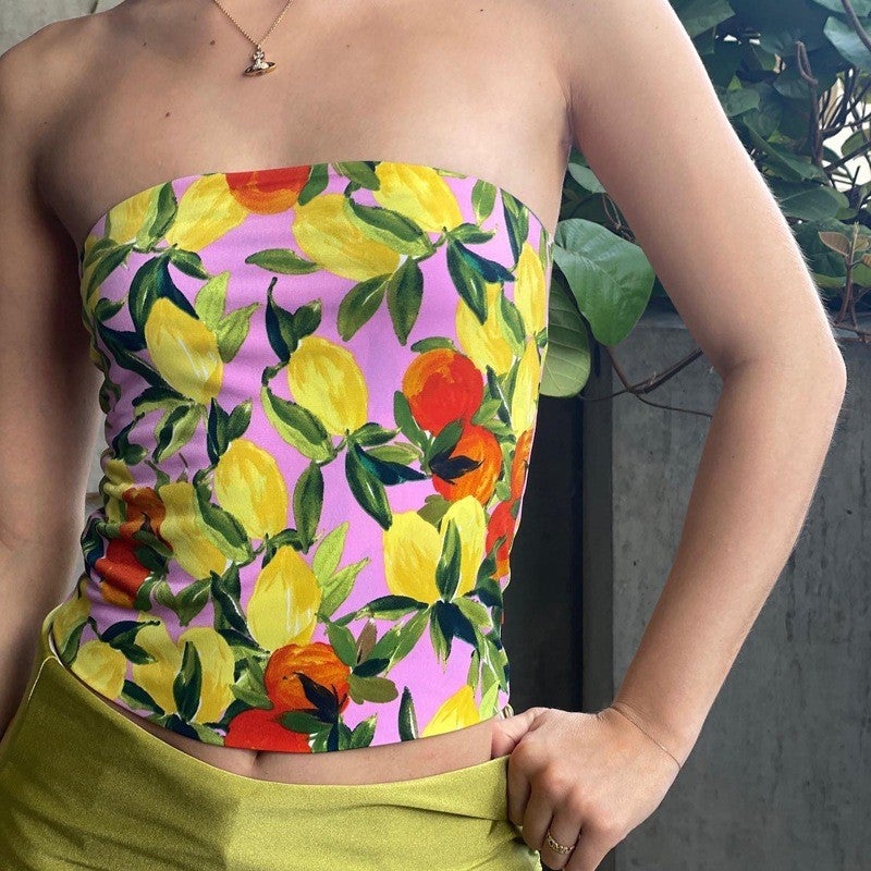 Jfl011 Style Women's Clothing Summer New Ins Style Strapless Printed Backless Sexy Tank Top T-Shirt