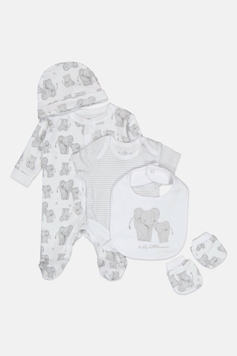Rock-A-Bye Baby Boutique Toddlers Boy 5 Pcs Bodysuit, Bib, Beanie, Gloves and Coverall Set, White - Image 4