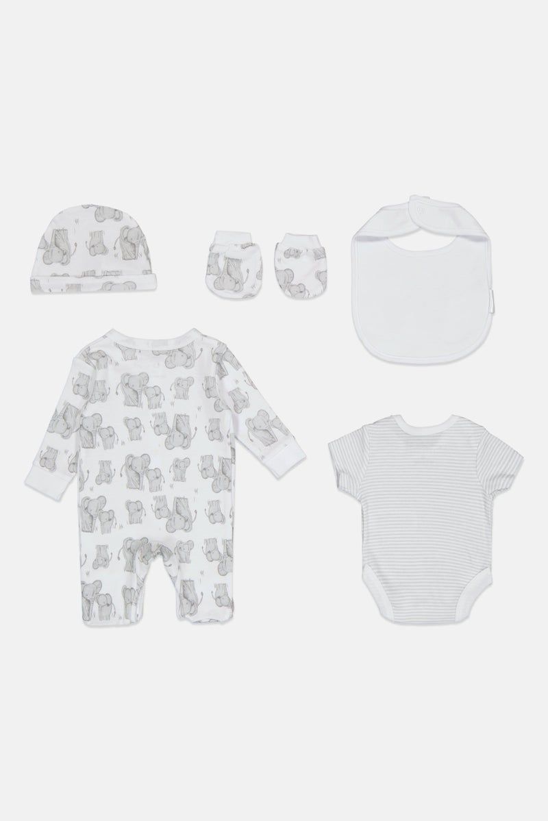 Rock-A-Bye Baby Boutique Toddlers Boy 5 Pcs Bodysuit, Bib, Beanie, Gloves and Coverall Set, White - Image 3
