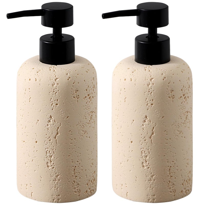 Haocoott Soap Dispensers 340ML 11OZ 2PCS Luxurious Hand Dish Shampoo Lotion Soap Dispenser Jar Travertine Soap Pump Bottles for Kitchen Bathroom Countertop Faint Yellow
