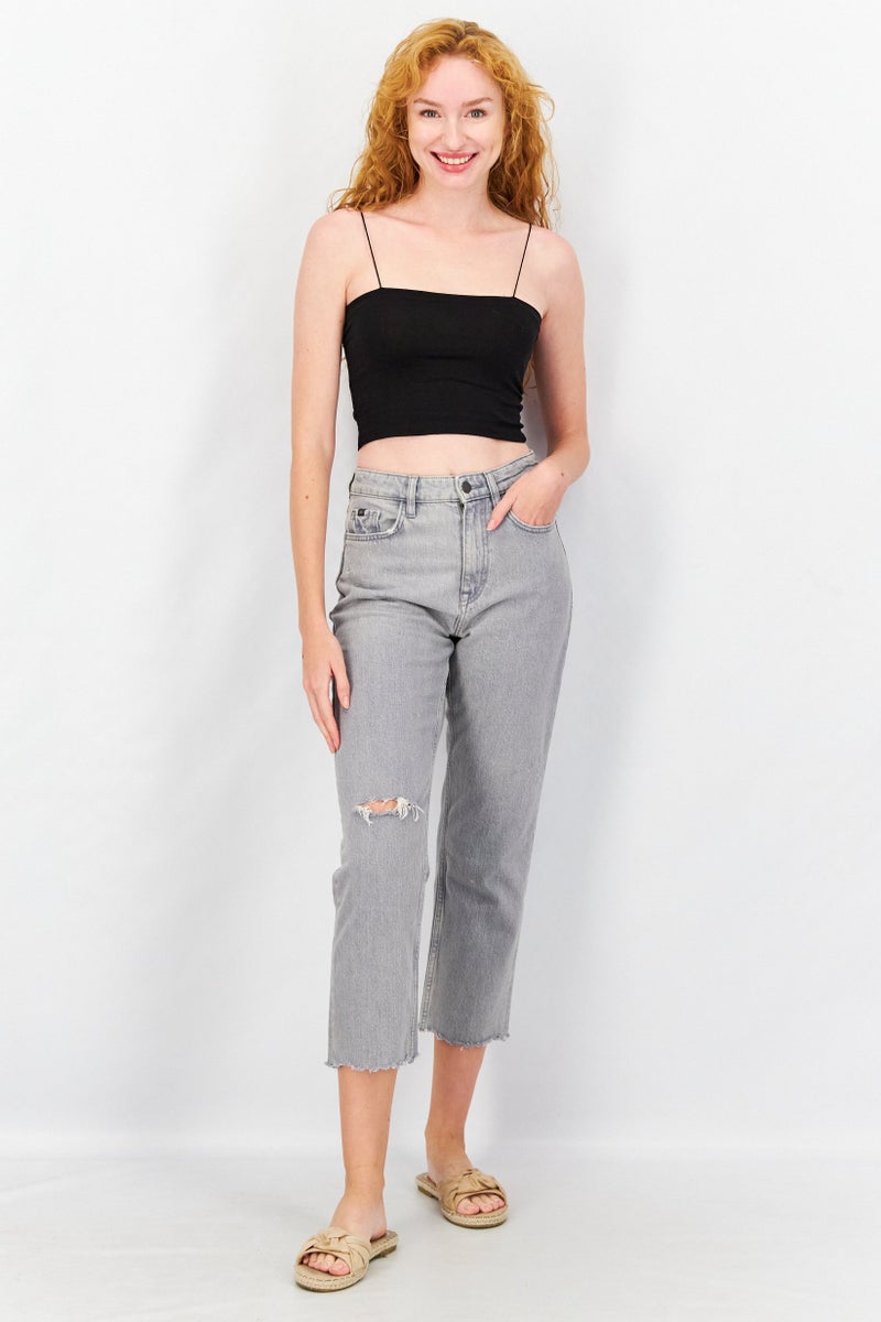 ESPRIT Women Straight Fit Ripped Non Stretchable Denim Jeans, Light Grey - Image 2