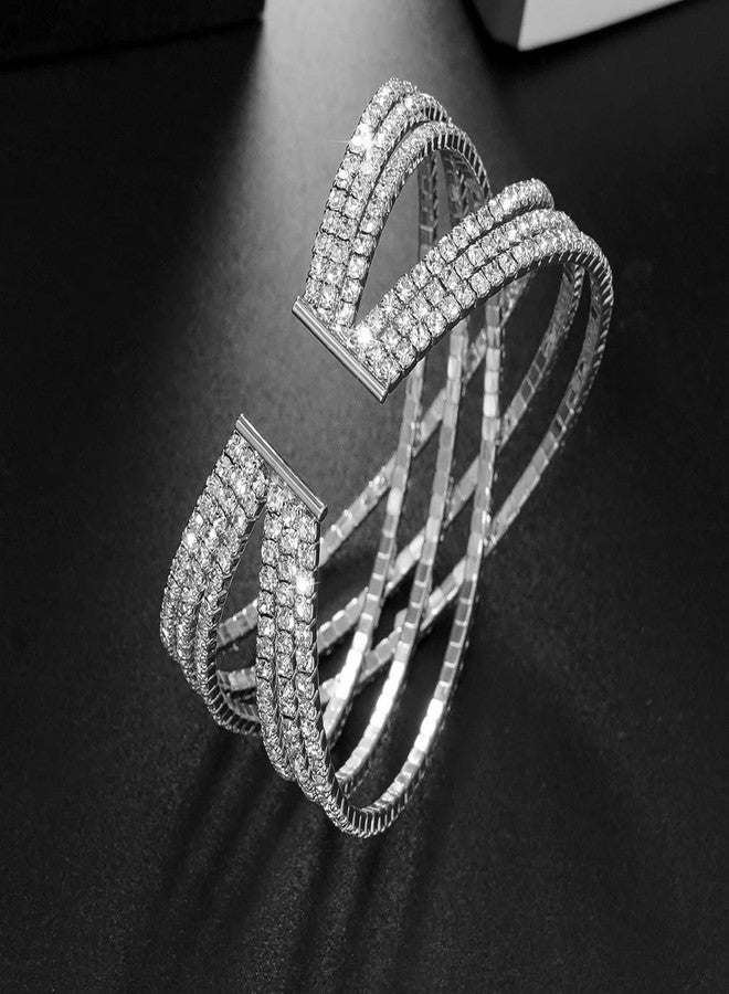 Wovanoo Rhinestone Bracelet for Women MultiLayer Crystal Cuff Bracelet Strand Layered Bracelet Silver 2 - Image 4