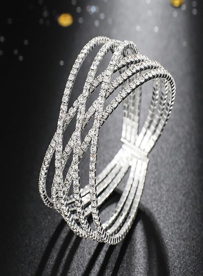 Wovanoo Rhinestone Bracelet for Women MultiLayer Crystal Cuff Bracelet Strand Layered Bracelet Silver 2 - Image 3