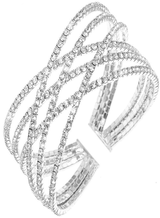 Wovanoo Rhinestone Bracelet for Women MultiLayer Crystal Cuff Bracelet Strand Layered Bracelet Silver 2 - Image 1