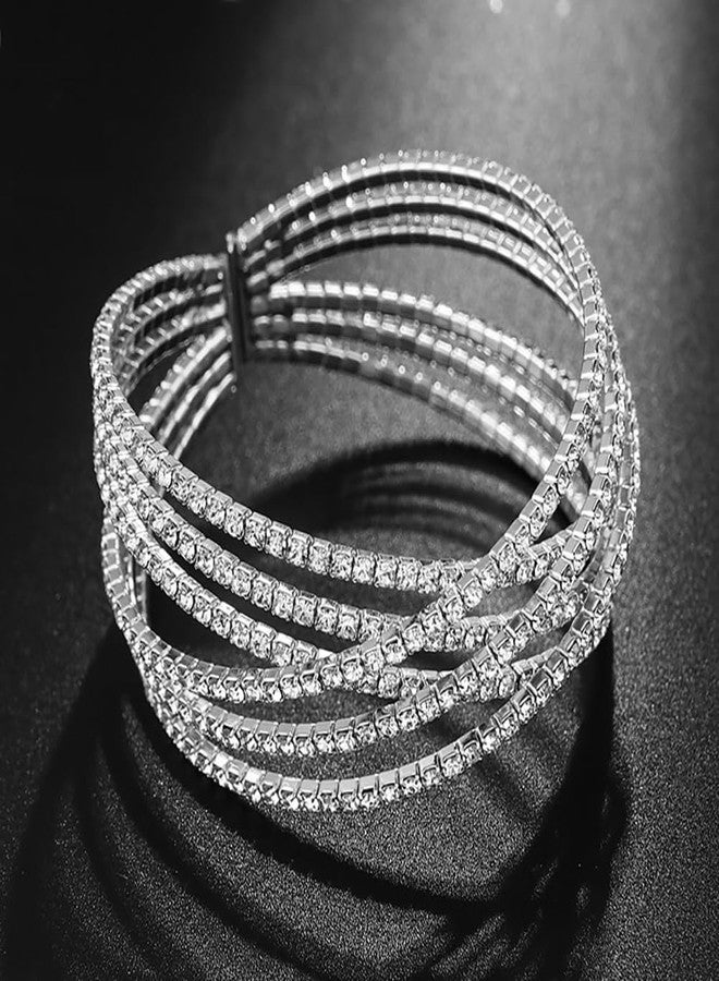 Wovanoo Rhinestone Bracelet for Women MultiLayer Crystal Cuff Bracelet Strand Layered Bracelet Silver 2 - Image 5