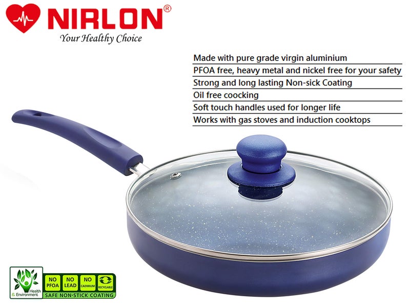 Nirlon Cooking Aluminium Non Stick Induction Base Bling Fry Pan with Glass Lid [24cm] - Image 3