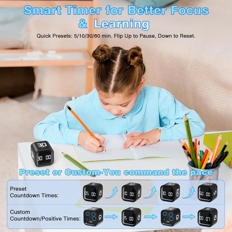 Wbacon Cube Pomodoro Timer, Desk Productivity Timer 5/10/30/60 Minutes & Custom Countdown, Adjustable & Silent Visual Timer, ADHD Tool Flip Rotating Portable Multi Timers for Study Task Work Kitchen School - Image 4
