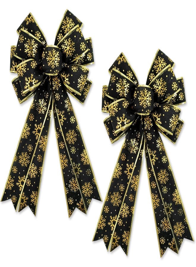 Whaline 2 Pack Christmas Wreath Bow Black Gold Snowflake Burlap Bow Xmas Decorative Tree Topper Ornaments Gift Bow for Winter Indoor Outdoor Home Party Decor, 19.7 x 11.4 Inch - Image 1