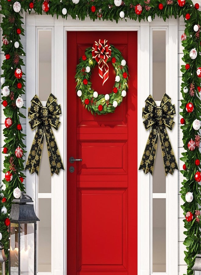 Whaline 2 Pack Christmas Wreath Bow Black Gold Snowflake Burlap Bow Xmas Decorative Tree Topper Ornaments Gift Bow for Winter Indoor Outdoor Home Party Decor, 19.7 x 11.4 Inch - Image 4