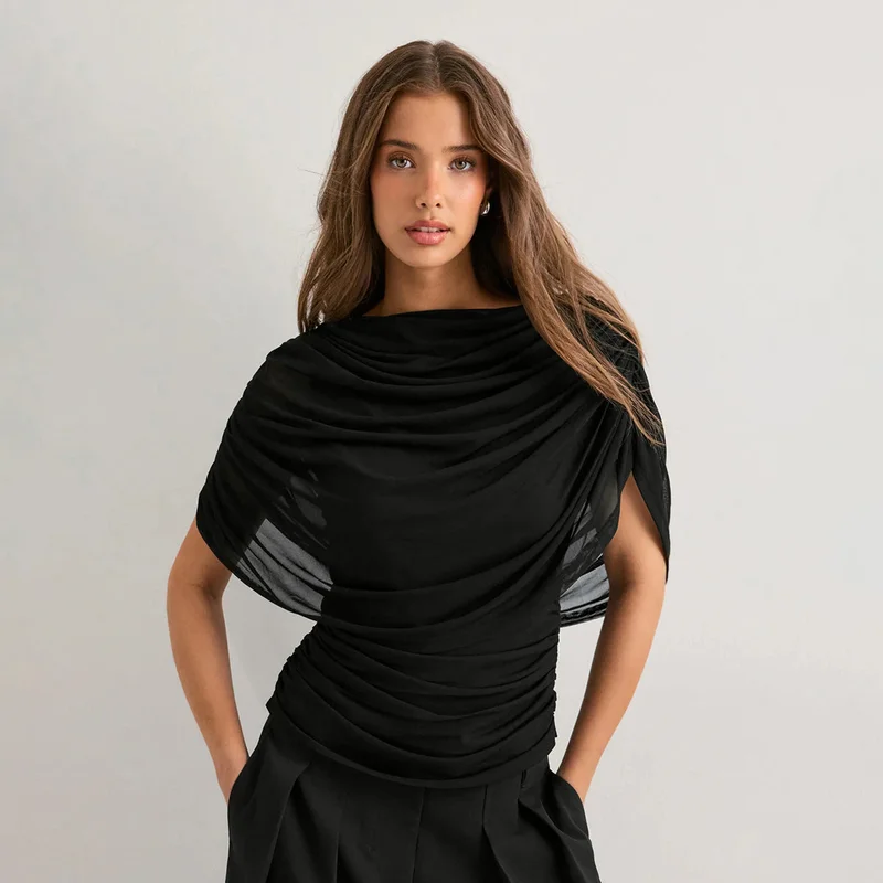 Black Cape Style Draped Top