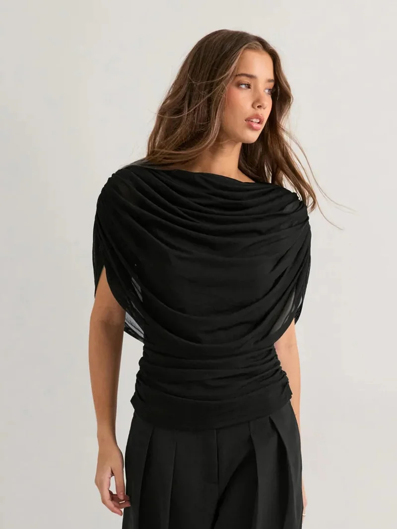 Outzidr  Black Cape Style Draped Top for Women | Best Price UAE