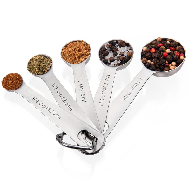 Doosu Measuring Spoons Set of 5-18/8 Stainless Steel Heavy Duty Teaspoons Tablespoons with Engraved Metric & US Measurements, Metal Measure Spoon for Dry and Liquid Ingredients, Dishwasher Safe - Image 1