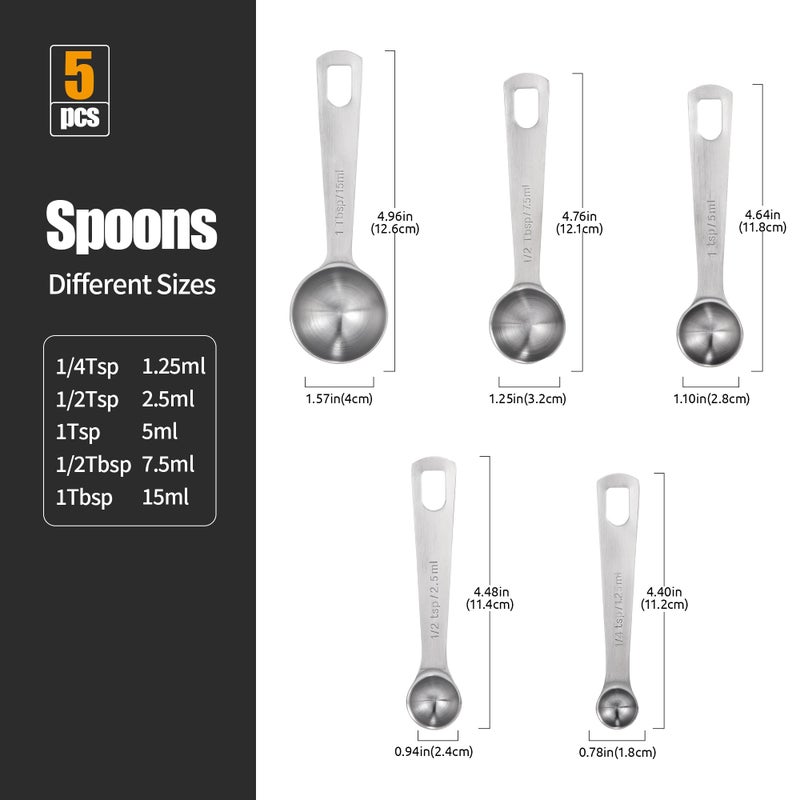Doosu Measuring Spoons Set of 5-18/8 Stainless Steel Heavy Duty Teaspoons Tablespoons with Engraved Metric & US Measurements, Metal Measure Spoon for Dry and Liquid Ingredients, Dishwasher Safe - Image 2