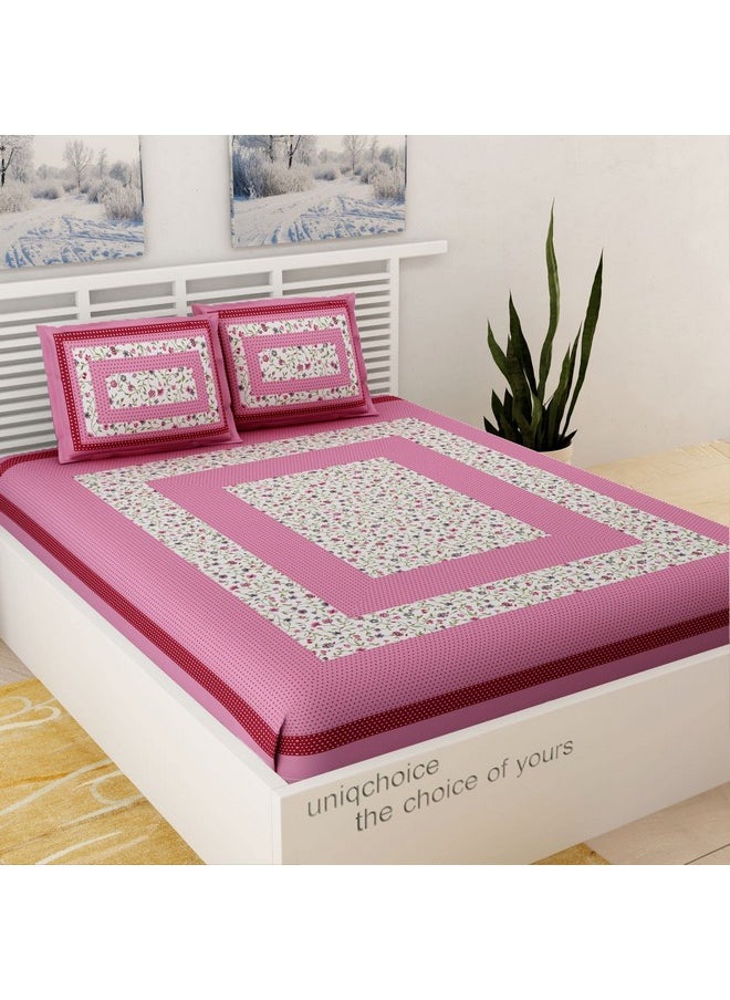 Uniqchoice UniqChoice Floral Japuri Printed| 120 TC |100% Cotton |Double Bedsheet| Bedsheet with 2 Pillow Cover| Pink  - Image 1