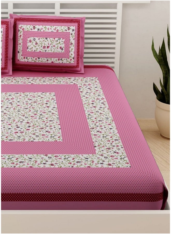 Uniqchoice UniqChoice Floral Japuri Printed| 120 TC |100% Cotton |Double Bedsheet| Bedsheet with 2 Pillow Cover| Pink  - Image 4