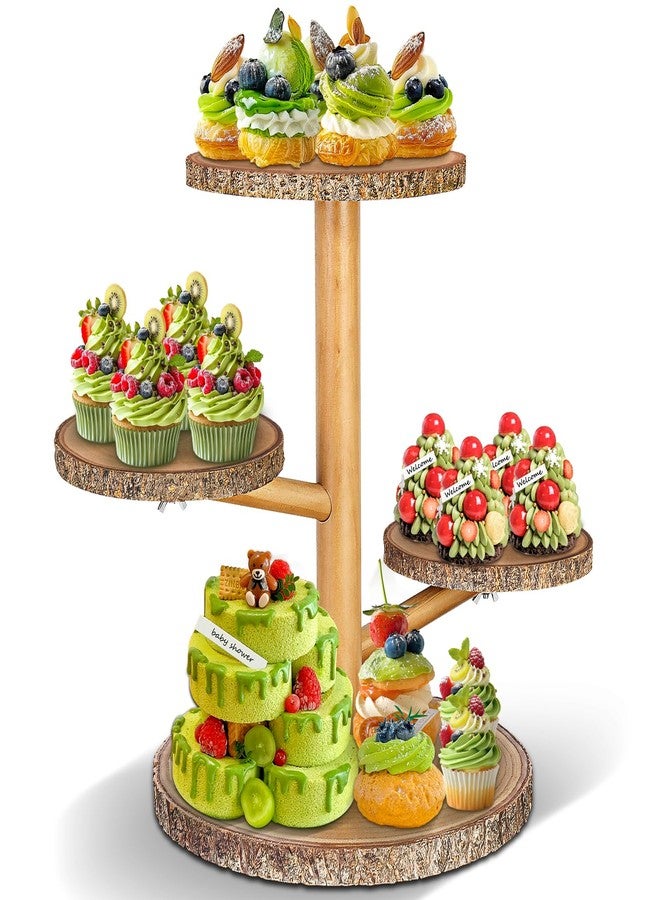 Primo Lines 4 Tier Round Wooden Cupcake Stand, Wood Cake Stand with Tiered Tray Decor, Farmhouse Cupcake Tower Dessert Stands Decor, Cupcake Display for Baby Shower Birthday Graduation Tea Party - Image 1