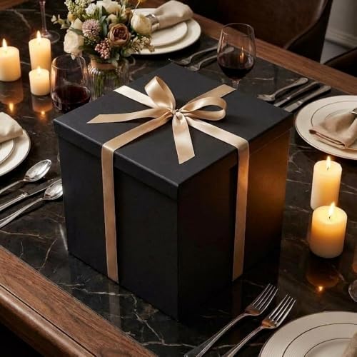 UoeRing Matte Black Large Gift Box 1Pcs 12x12x11 Inch,Gift Box with Lid for Presents Birthdays,Christmas Valentine's Day,Mother's Day, with Ribbon Card Envelope Shredded Paper Fill - Image 2