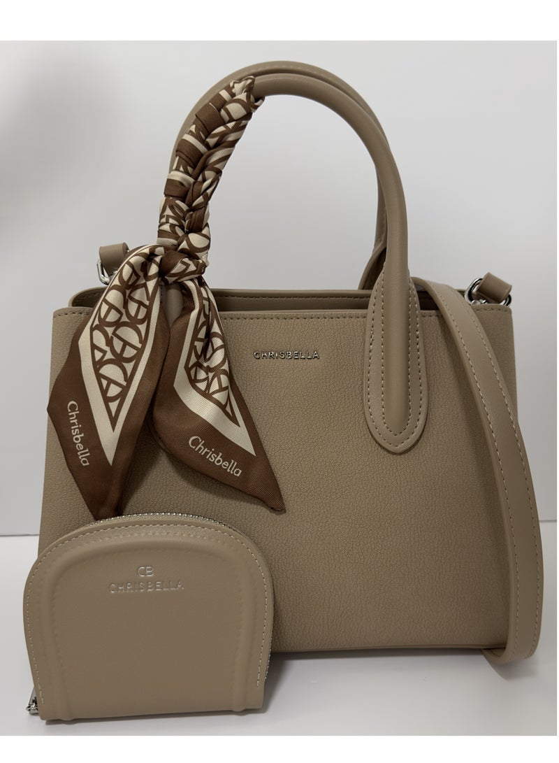 CHRISBELLA Textured Leather Handbag with Strap and mini Wallet (26X11X18 cm) colour: Beige Cream - Image 1