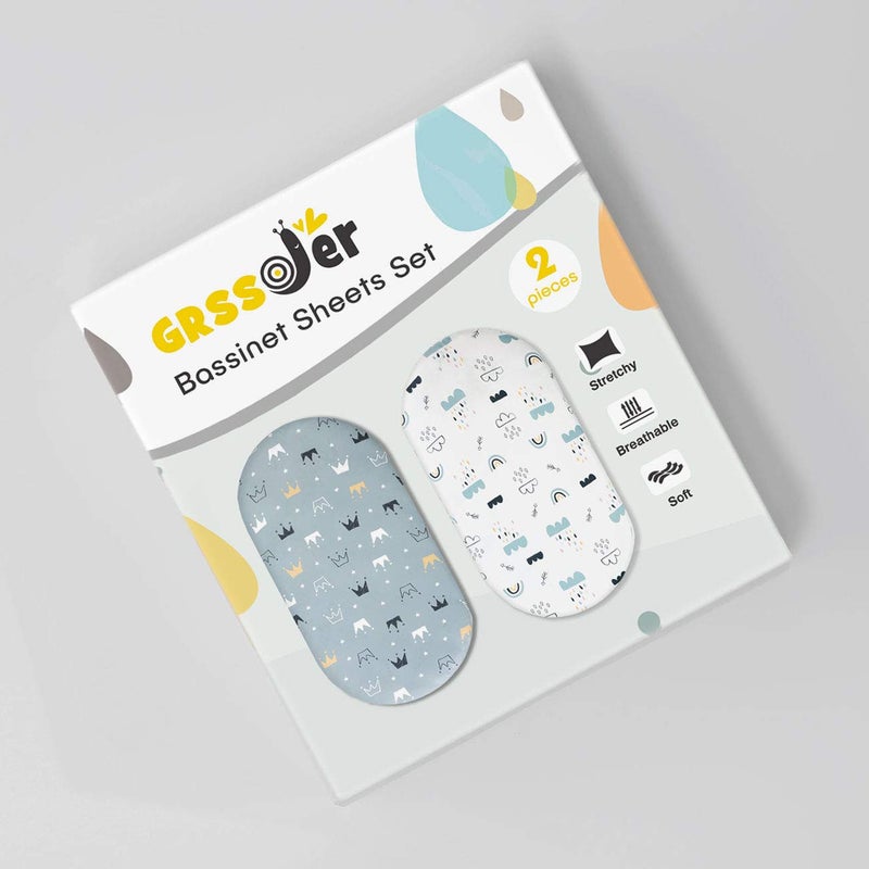 GRSSDER Stretchy Ultra Soft Bassinet Sheet Set 2 Pack, Universal Cradle Sheet for Rectangle, Oval, or Hourglass Bassinet Pad/Mattress, Crown and Cloud Bassinet Sheets for Baby Girl and Boy - Image 2