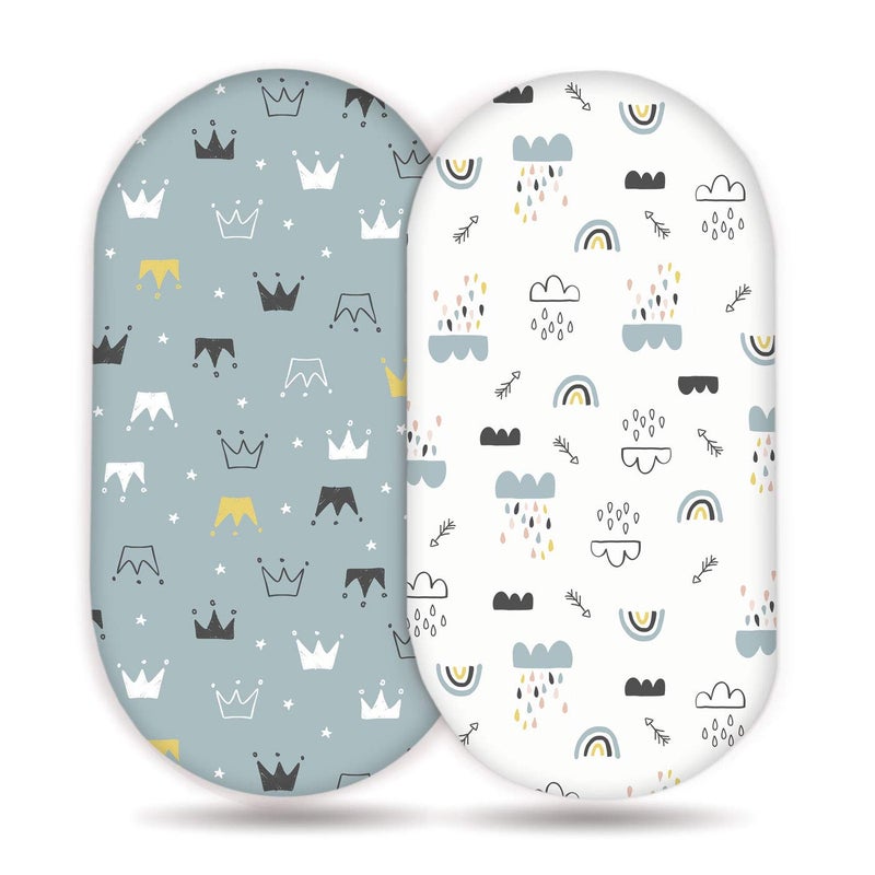 GRSSDER Stretchy Ultra Soft Bassinet Sheet Set 2 Pack, Universal Cradle Sheet for Rectangle, Oval, or Hourglass Bassinet Pad/Mattress, Crown and Cloud Bassinet Sheets for Baby Girl and Boy - Image 1