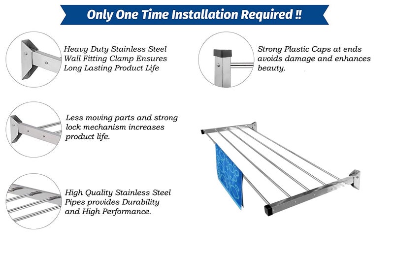 Rainbow Drywell Glider Stainless Steel Heavy Duty Space Saver 6 Pipes x 5 Feet Wall Mounted Cloth Drying Stand Cloth Stand for Drying Clothes Foldable Clothes Stand for Drying in BalconyPassage - Image 5
