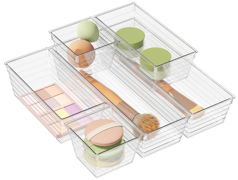 DCA 6 Pack Clear Drawer Organizer, Acrylic Drawer Storage Trays, Storage Bins for Makeup, Cosmetics, Jewelries, Utensils, Gadgets, Office - Image 1
