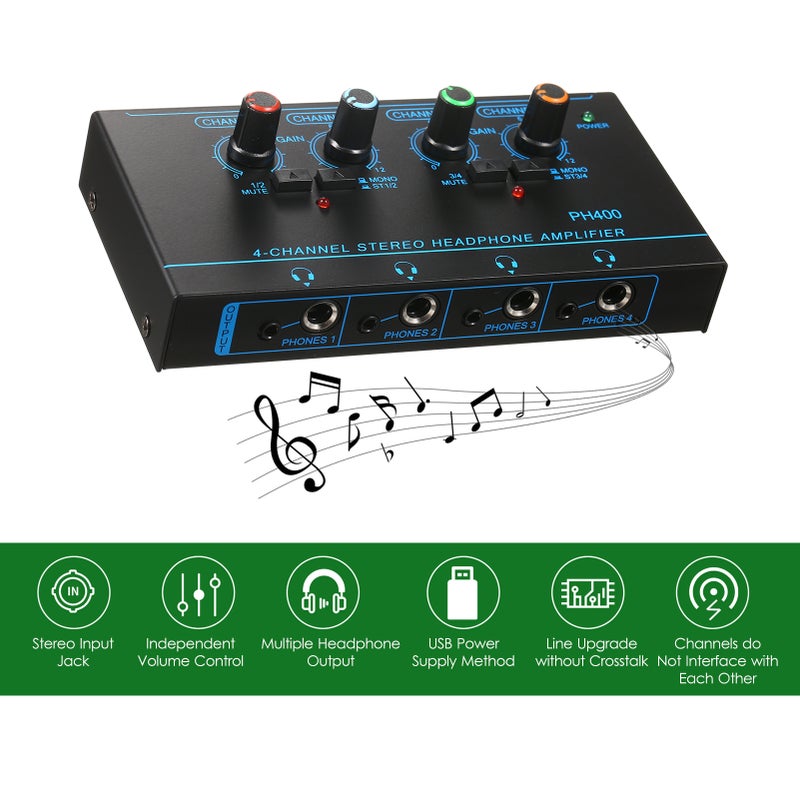 4-Channel Stereo Headphone Amplifier Compact 4 Channels Mini Audio Stereo Headphone Amp with 6.35mm/3.5mm Input Volume Control In-ear Monitoring System for Stage and Studios - Image 4
