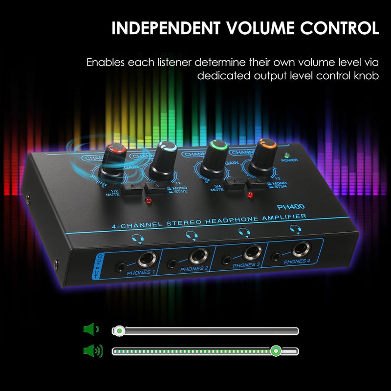 4-Channel Stereo Headphone Amplifier Compact 4 Channels Mini Audio Stereo Headphone Amp with 6.35mm/3.5mm Input Volume Control In-ear Monitoring System for Stage and Studios - Image 5