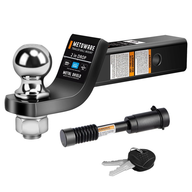 METOWARE Trailer Hitch Ball Mount with 2 in Ball Fits 2 Inch Receiver 6000lbs Capacity Ball Hitch 2Inch Drop Hollow Shank with 58 Hitch Lock Black