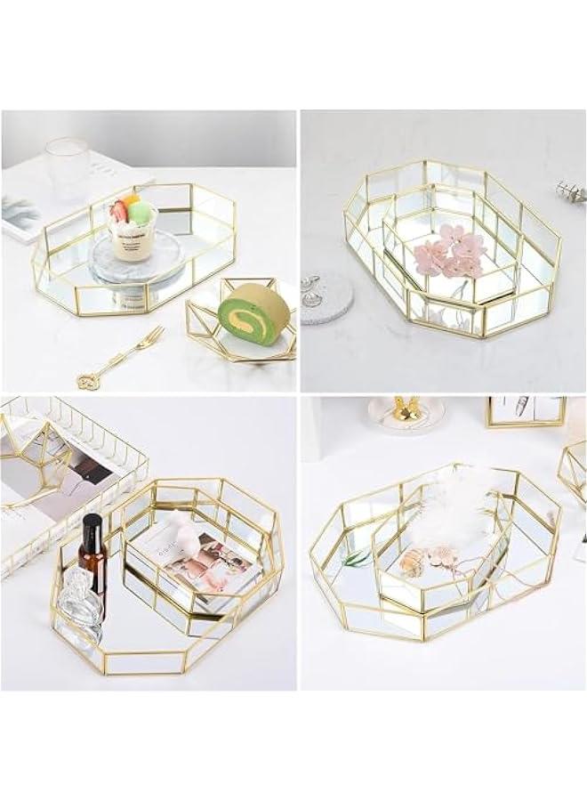 هوكور صينية عطر ذهبية - صينية مكياج بمراة زجاجية، صينية زينة مزخرفة، صينية منظم مجوهرات للحلي، صينية تخزين للحمام وديكور المنزل (مقاس S)، معدن - Image 2