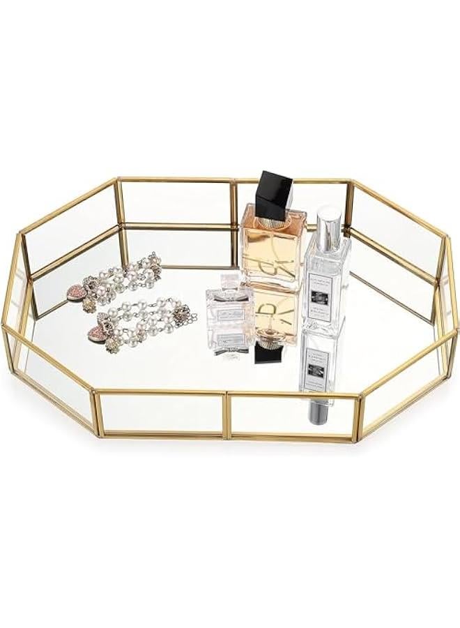 هوكور صينية عطر ذهبية - صينية مكياج بمراة زجاجية، صينية زينة مزخرفة، صينية منظم مجوهرات للحلي، صينية تخزين للحمام وديكور المنزل (مقاس S)، معدن - Image 3