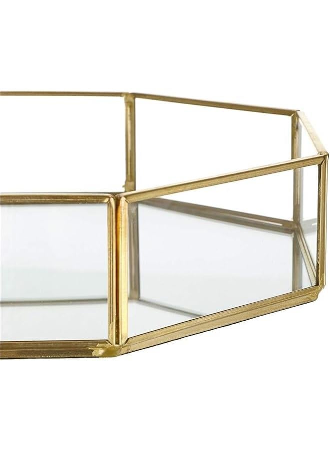 هوكور صينية عطر ذهبية - صينية مكياج بمراة زجاجية، صينية زينة مزخرفة، صينية منظم مجوهرات للحلي، صينية تخزين للحمام وديكور المنزل (مقاس S)، معدن - Image 4