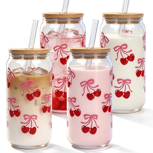 Mason Life Cherries Bows Glass Cups with Lids and Straws, 18OZ Cherry Decor Iced Coffee Cups with Lids, Coquette Cute Glass Cups Drinking, Mother's Day Birthday Gift for Women Her -Set of 4 - Image 1