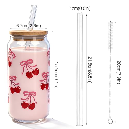 Mason Life Cherries Bows Glass Cups with Lids and Straws, 18OZ Cherry Decor Iced Coffee Cups with Lids, Coquette Cute Glass Cups Drinking, Mother's Day Birthday Gift for Women Her -Set of 4 - Image 2