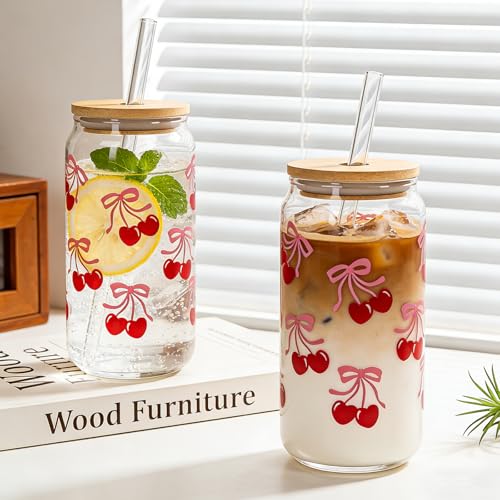 Mason Life Cherries Bows Glass Cups with Lids and Straws, 18OZ Cherry Decor Iced Coffee Cups with Lids, Coquette Cute Glass Cups Drinking, Mother's Day Birthday Gift for Women Her -Set of 4 - Image 5