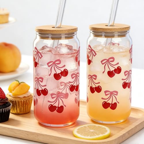 Mason Life Cherries Bows Glass Cups with Lids and Straws, 18OZ Cherry Decor Iced Coffee Cups with Lids, Coquette Cute Glass Cups Drinking, Mother's Day Birthday Gift for Women Her -Set of 4 - Image 4