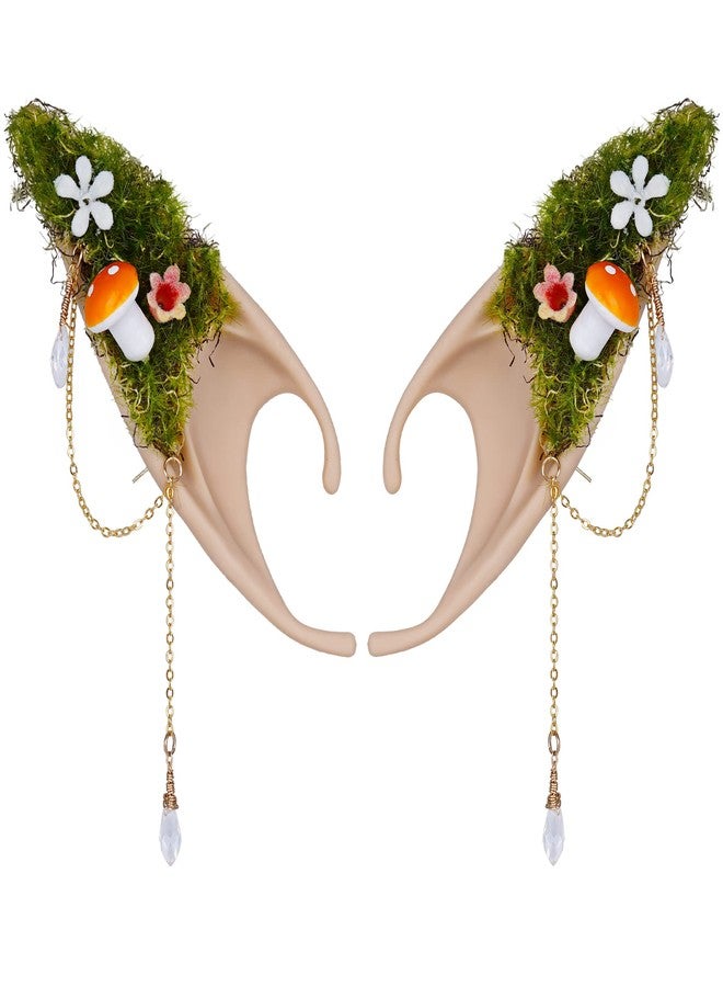 FRESHME Renaiss Mushroom Fairy Elf Ears - Handmade Soft Forest Elf Ear Cuffs with Moss Flower and Mushroom Non Pierced Woodland Crystal Ear Clip Women Christmas Halloween Renfaire Cosplay Party Accessories - Image 1